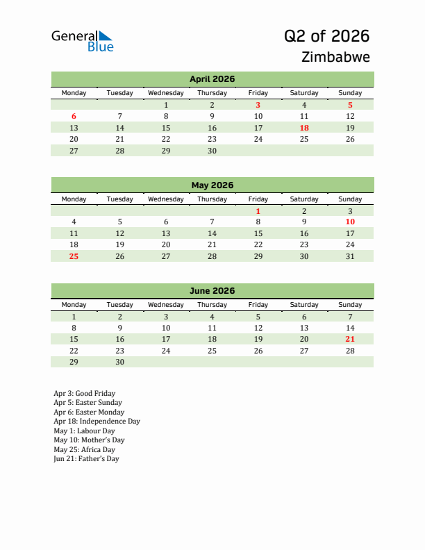 Quarterly Calendar 2026 with Zimbabwe Holidays