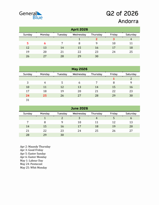 Quarterly Calendar 2026 with Andorra Holidays