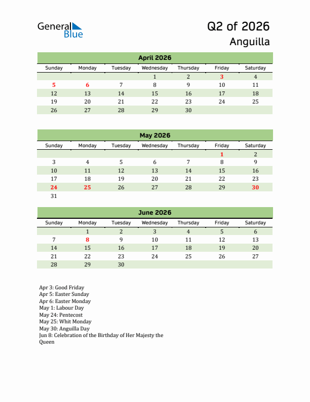 Quarterly Calendar 2026 with Anguilla Holidays