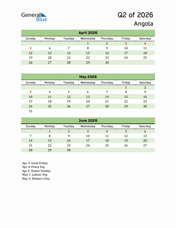 Quarterly Calendar 2026 with Angola Holidays