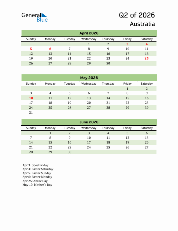 Quarterly Calendar 2026 with Australia Holidays