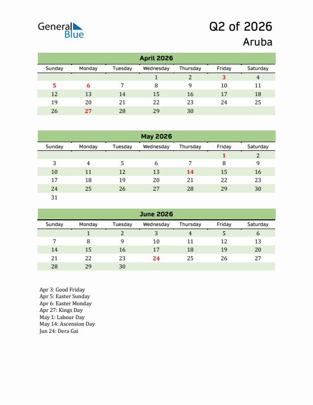 Quarterly Calendar 2026 with Aruba Holidays