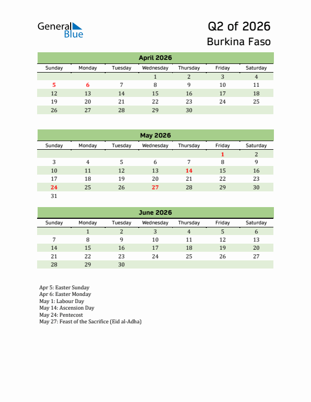 Quarterly Calendar 2026 with Burkina Faso Holidays