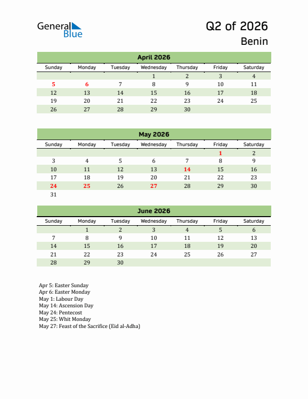 Quarterly Calendar 2026 with Benin Holidays