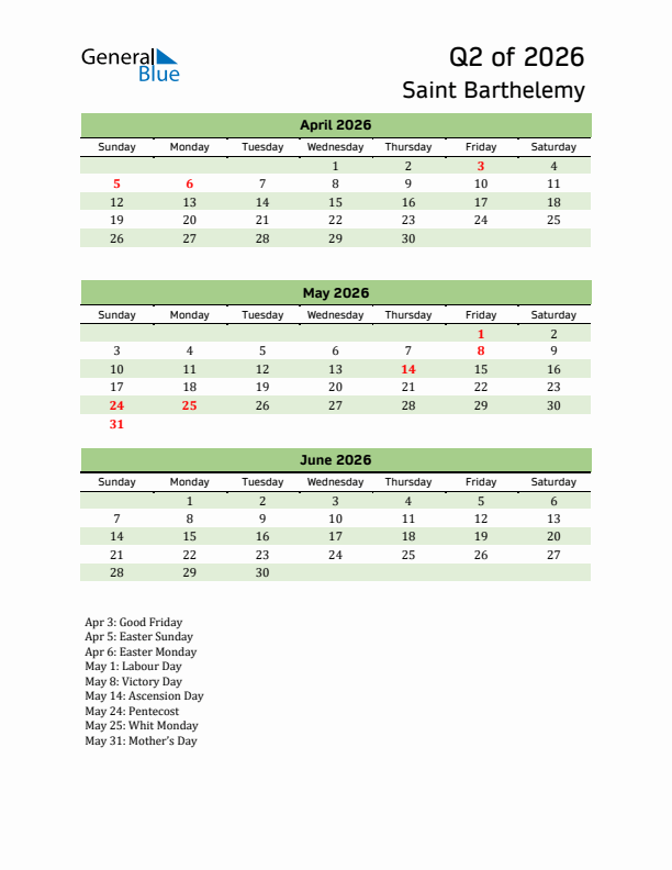 Quarterly Calendar 2026 with Saint Barthelemy Holidays