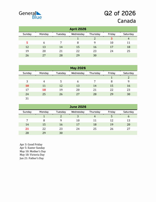 Quarterly Calendar 2026 with Canada Holidays