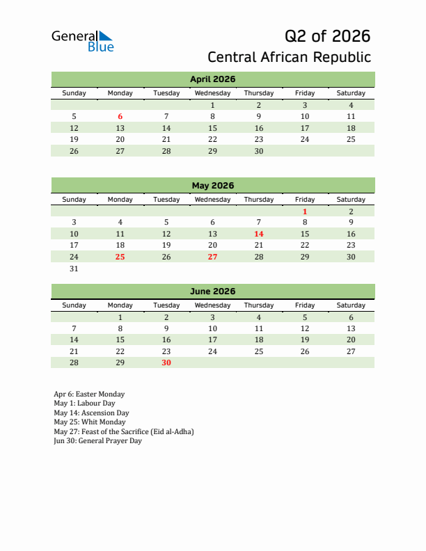 Quarterly Calendar 2026 with Central African Republic Holidays