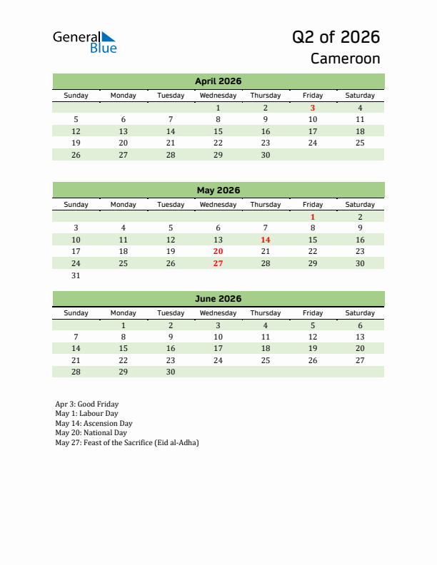 Quarterly Calendar 2026 with Cameroon Holidays