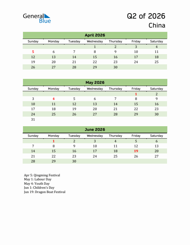 Quarterly Calendar 2026 with China Holidays