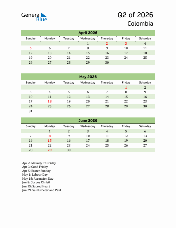 Quarterly Calendar 2026 with Colombia Holidays