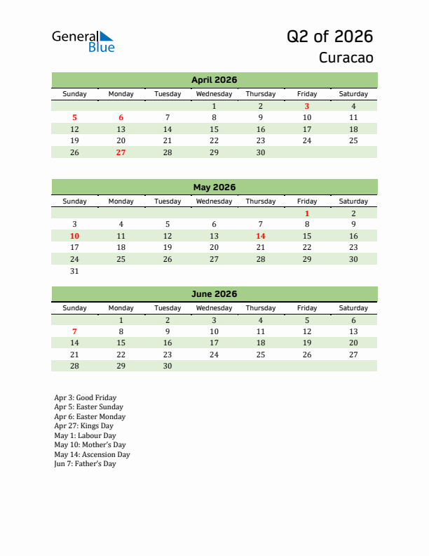 Quarterly Calendar 2026 with Curacao Holidays