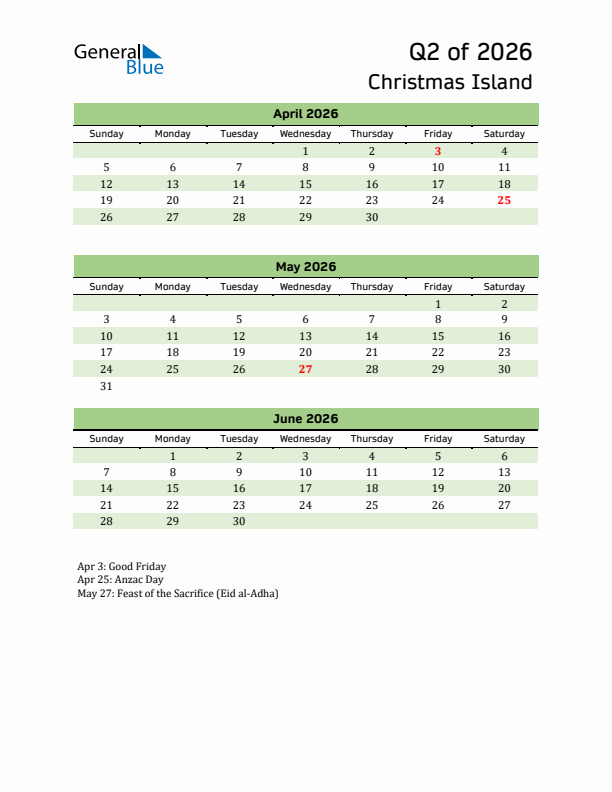 Quarterly Calendar 2026 with Christmas Island Holidays