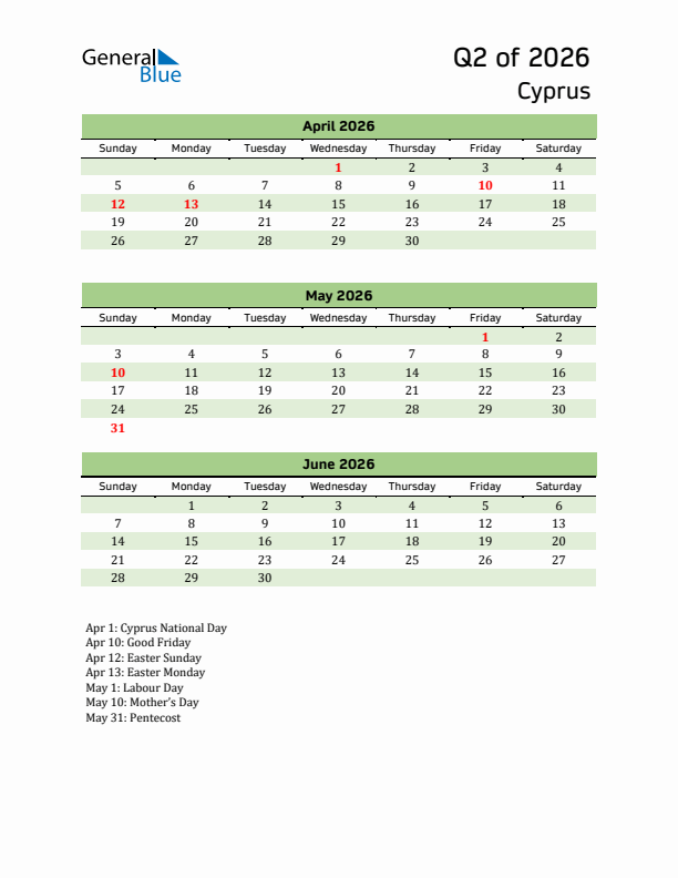 Quarterly Calendar 2026 with Cyprus Holidays