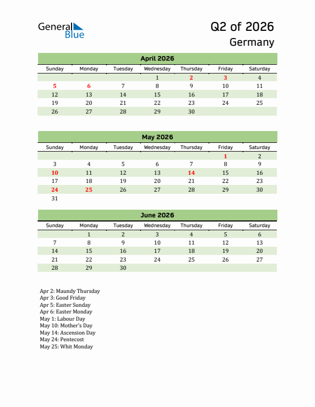 Quarterly Calendar 2026 with Germany Holidays