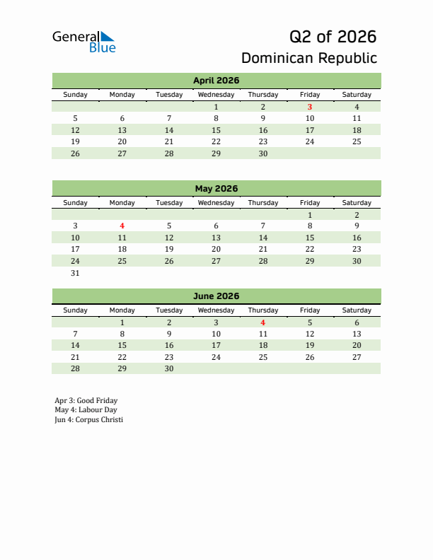 Quarterly Calendar 2026 with Dominican Republic Holidays