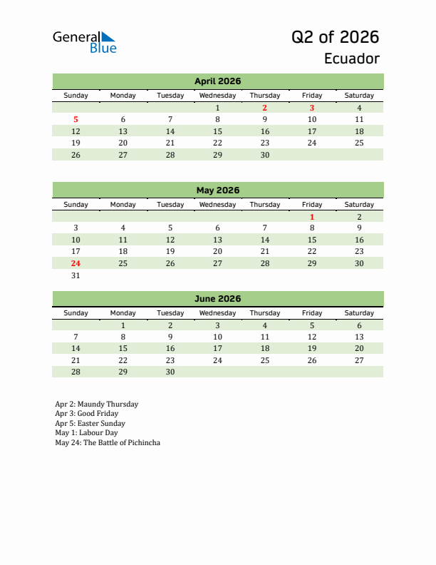 Quarterly Calendar 2026 with Ecuador Holidays