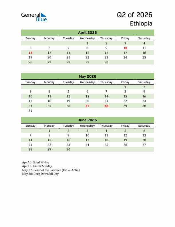 Quarterly Calendar 2026 with Ethiopia Holidays