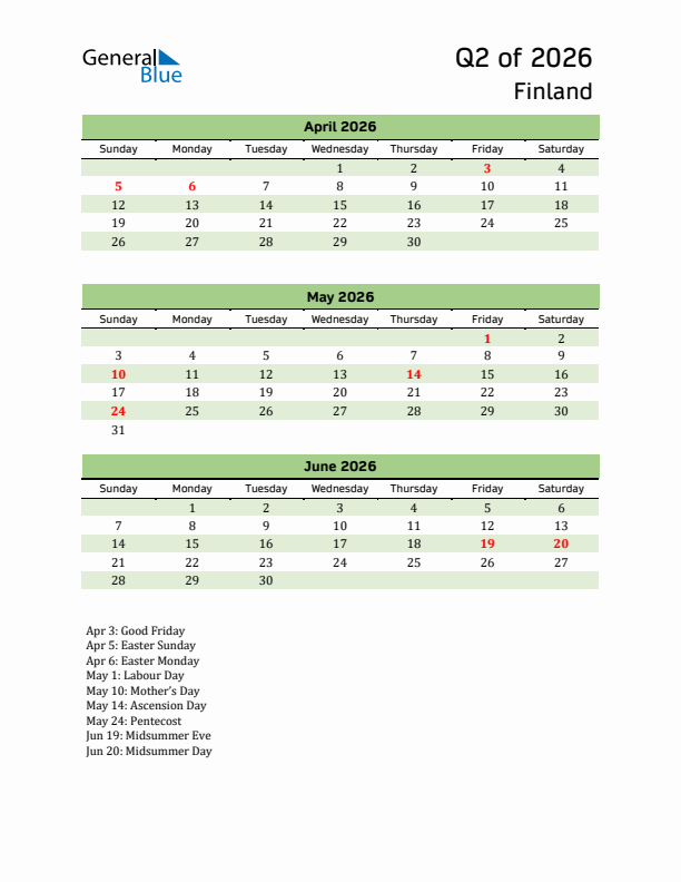 Quarterly Calendar 2026 with Finland Holidays