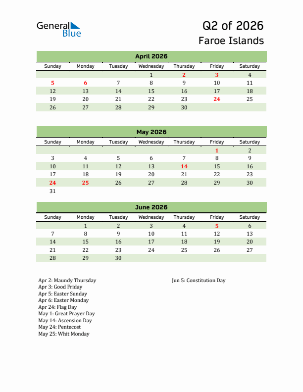 Quarterly Calendar 2026 with Faroe Islands Holidays