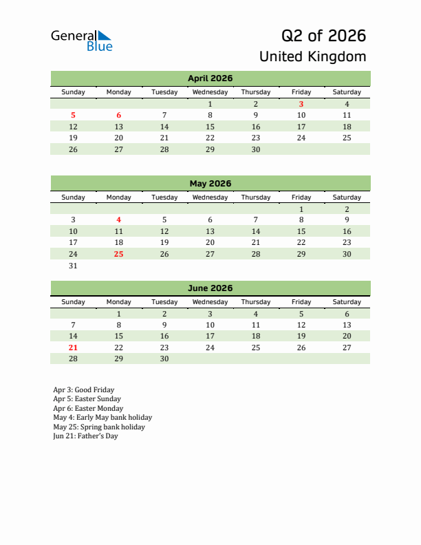 Quarterly Calendar 2026 with United Kingdom Holidays