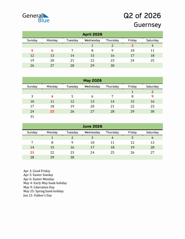 Quarterly Calendar 2026 with Guernsey Holidays