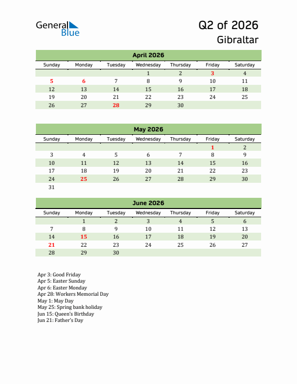 Quarterly Calendar 2026 with Gibraltar Holidays