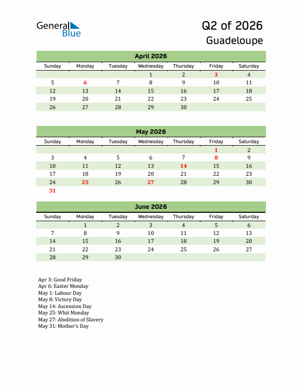 Quarterly Calendar 2026 with Guadeloupe Holidays