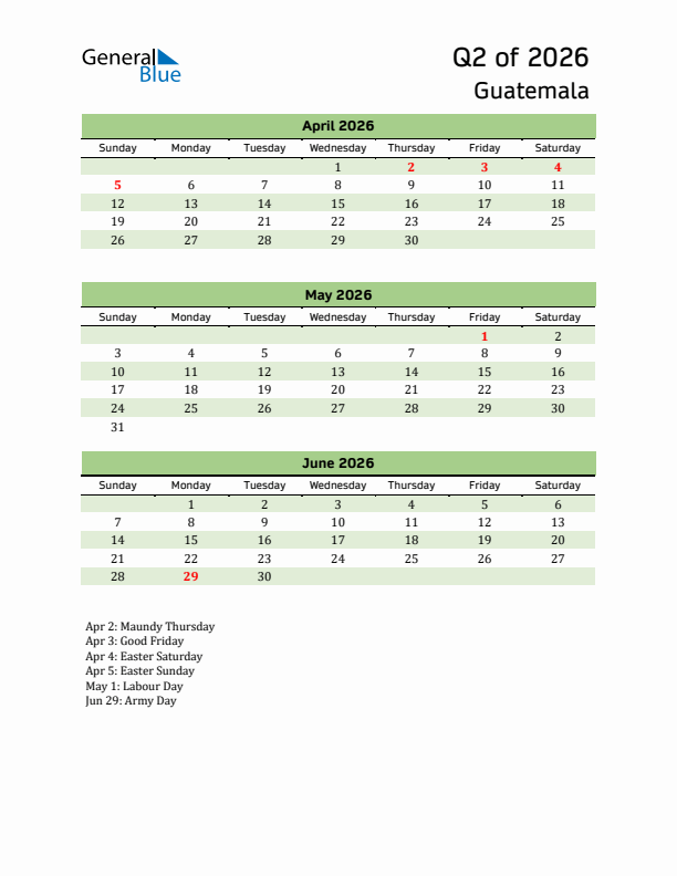 Quarterly Calendar 2026 with Guatemala Holidays