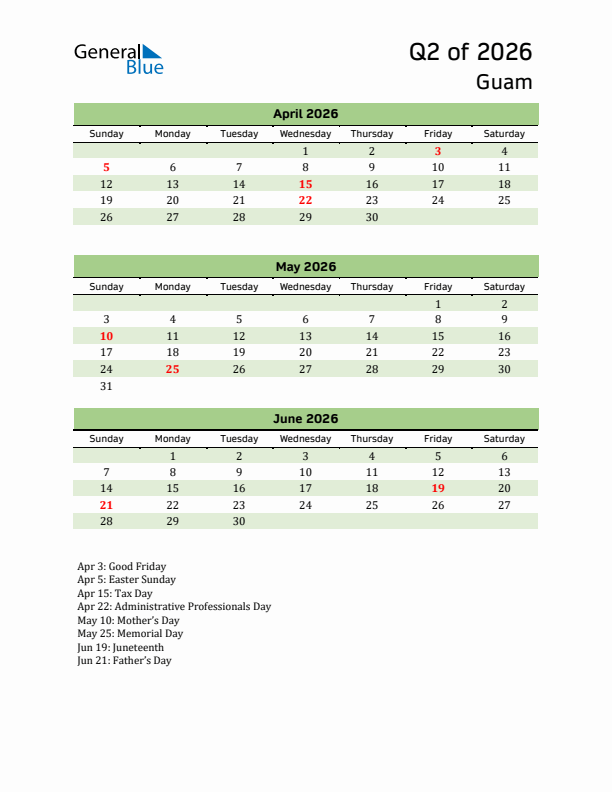 Quarterly Calendar 2026 with Guam Holidays