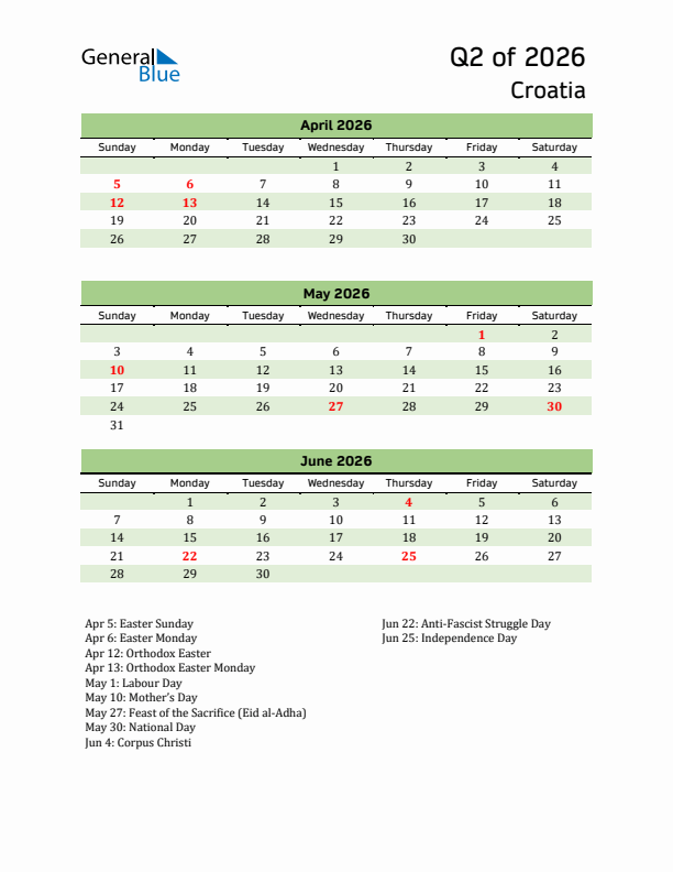 Quarterly Calendar 2026 with Croatia Holidays