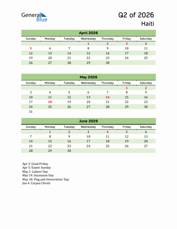 Quarterly Calendar 2026 with Haiti Holidays