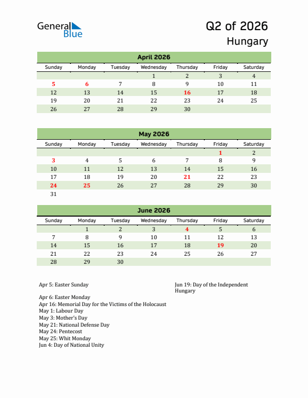 Quarterly Calendar 2026 with Hungary Holidays