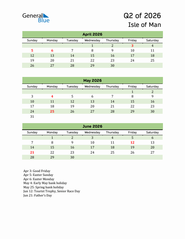 Quarterly Calendar 2026 with Isle of Man Holidays