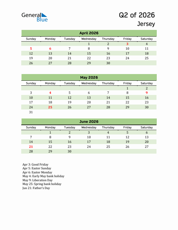 Quarterly Calendar 2026 with Jersey Holidays