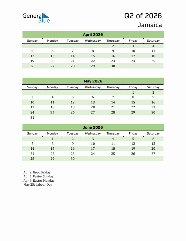 Quarterly Calendar 2026 with Jamaica Holidays