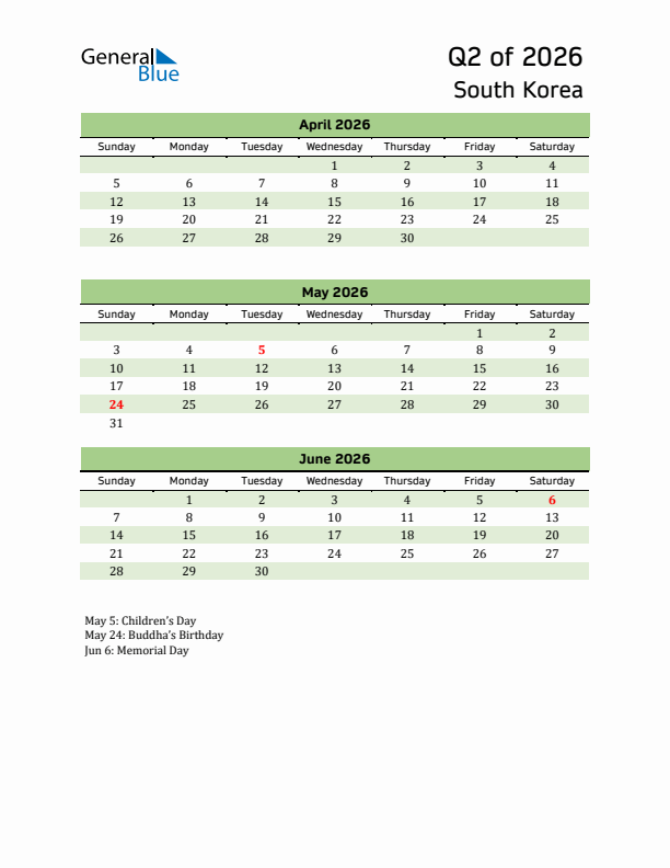 Quarterly Calendar 2026 with South Korea Holidays