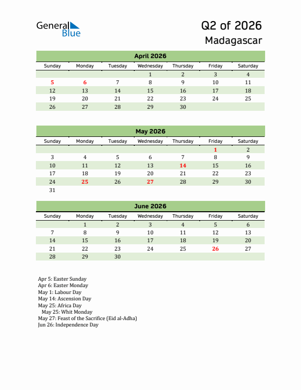 Quarterly Calendar 2026 with Madagascar Holidays