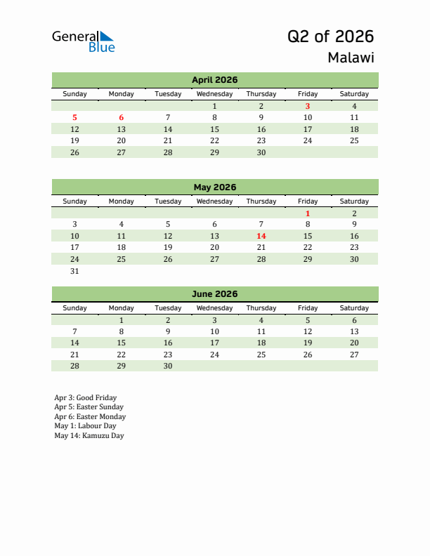 Quarterly Calendar 2026 with Malawi Holidays