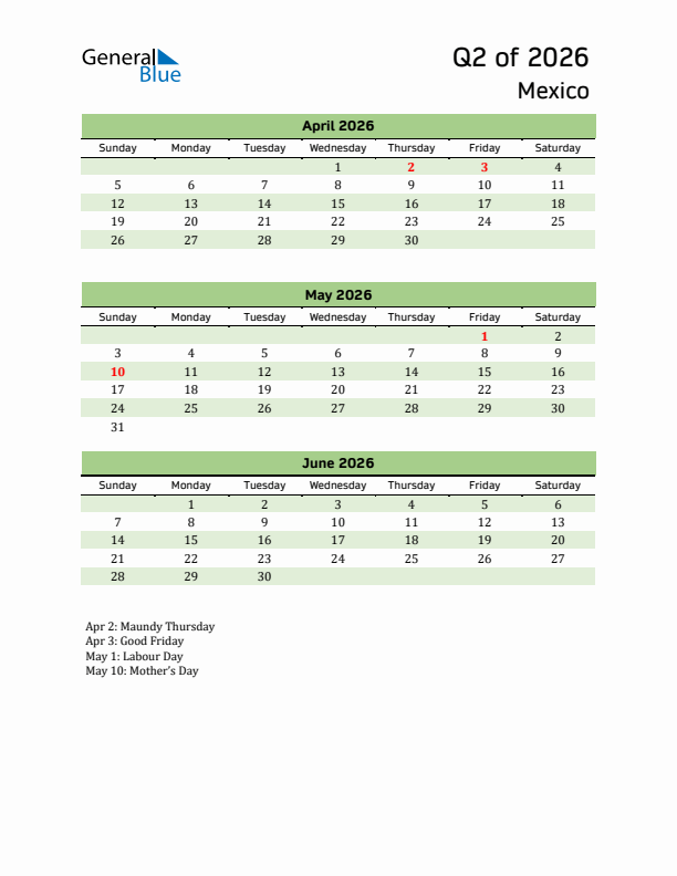 Quarterly Calendar 2026 with Mexico Holidays