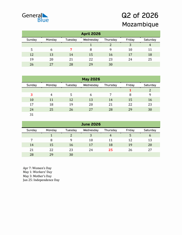 Quarterly Calendar 2026 with Mozambique Holidays