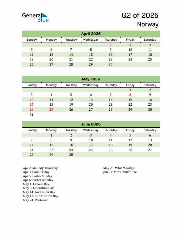 Quarterly Calendar 2026 with Norway Holidays