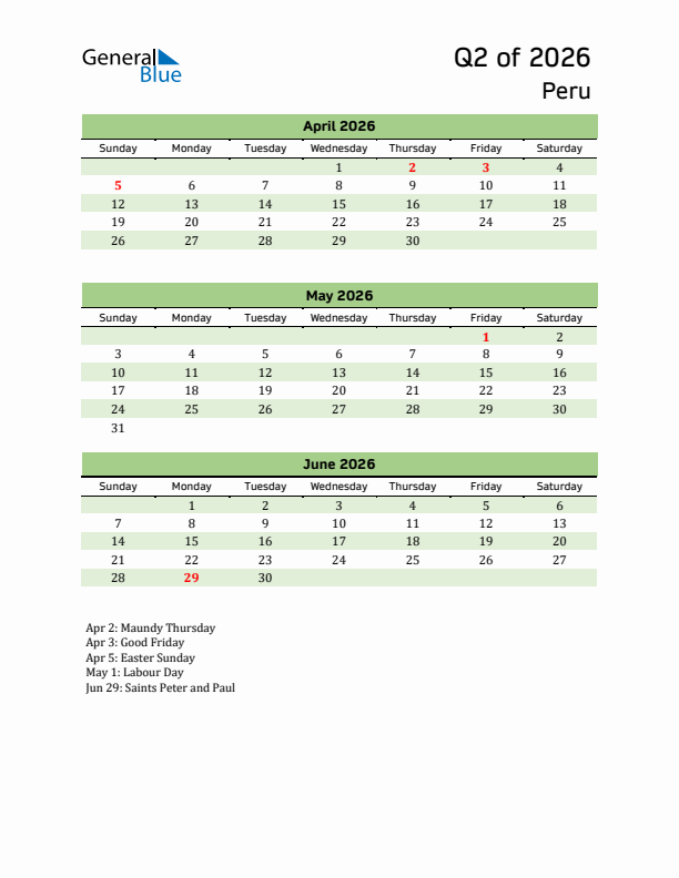 Quarterly Calendar 2026 with Peru Holidays