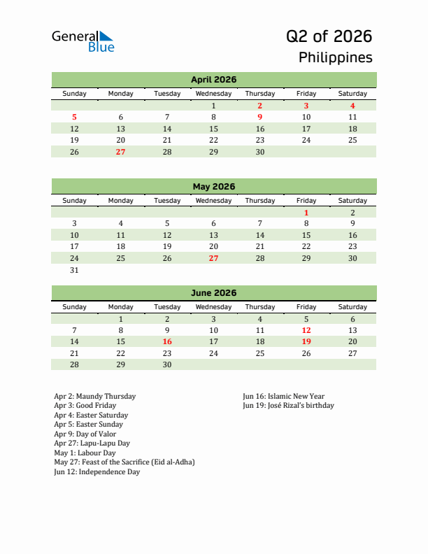 Quarterly Calendar 2026 with Philippines Holidays