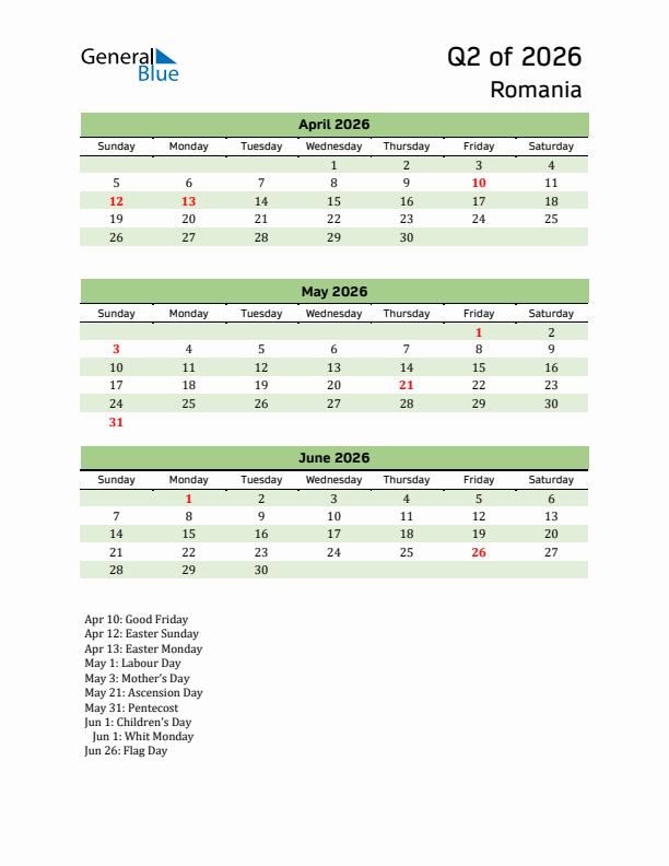 Quarterly Calendar 2026 with Romania Holidays