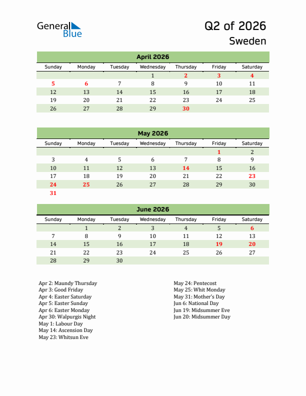 Quarterly Calendar 2026 with Sweden Holidays