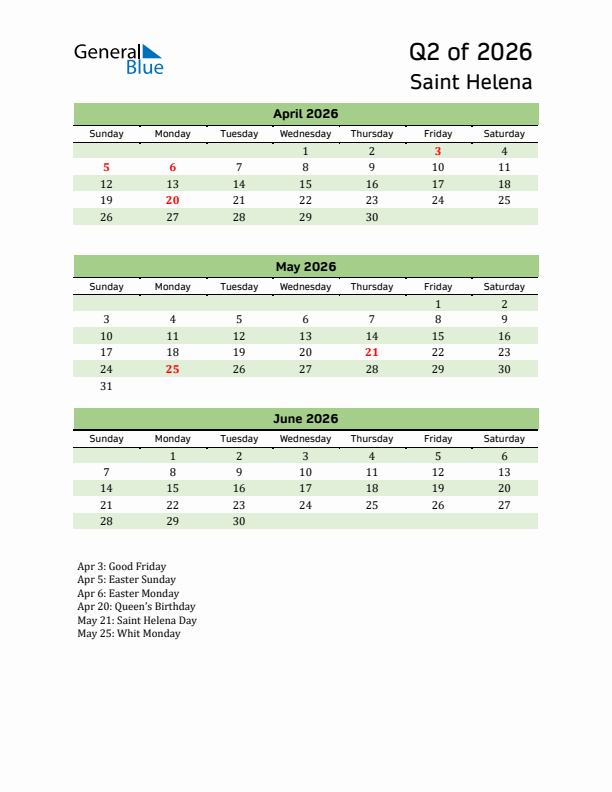 Quarterly Calendar 2026 with Saint Helena Holidays