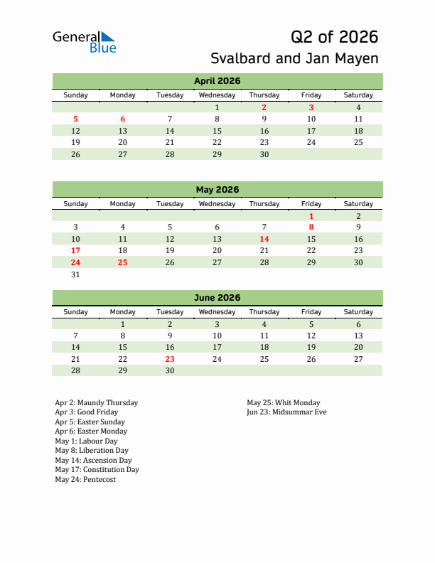 Quarterly Calendar 2026 with Svalbard and Jan Mayen Holidays