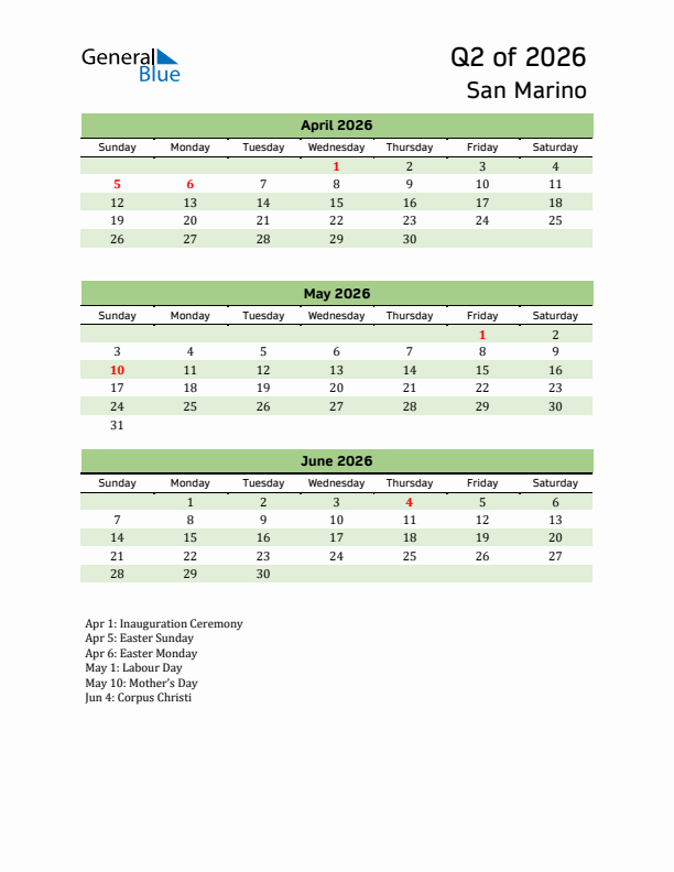 Quarterly Calendar 2026 with San Marino Holidays