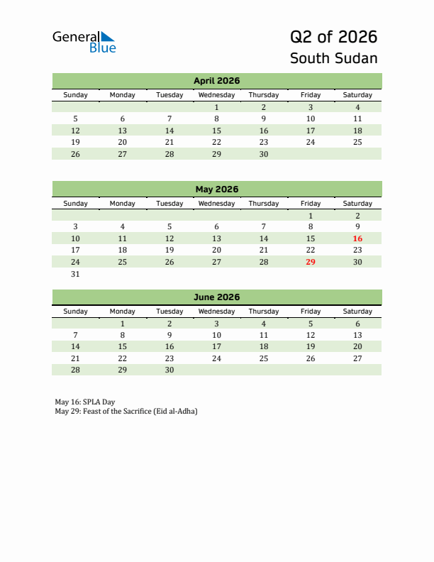 Quarterly Calendar 2026 with South Sudan Holidays