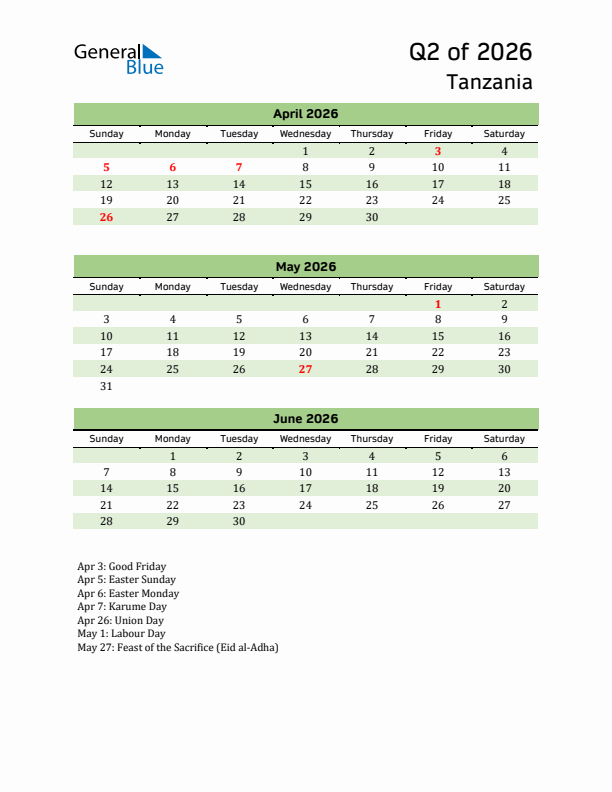 Quarterly Calendar 2026 with Tanzania Holidays